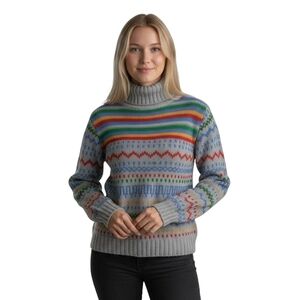 Vintage Fair Isle Knit Cowl Neck Sweater Gray Multicolor Nordic Print Medium